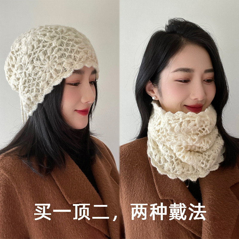 秋冬新款手工钩花包头帽女双层保暖毛线帽时尚护耳堆堆帽围脖两用