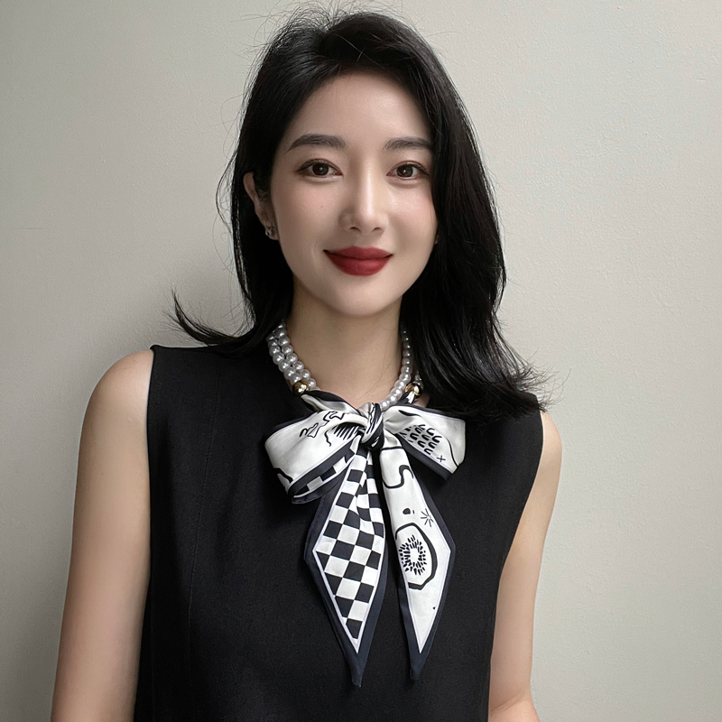 雪林鹿夏季珍珠丝巾韩版女拼接