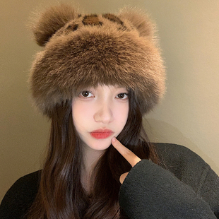 小熊耳朵豹纹毛绒蒙古帽女款秋冬季仿皮草加厚保暖时尚百搭包头帽