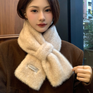 仿貂毛小豹纹交叉毛领围巾高级感毛绒绒质感围脖女秋冬季御寒保暖