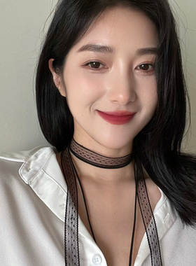 甜酷辣妹黑色蝴蝶结蕾丝绑带项链叠戴choker锁骨链复古设计感颈链