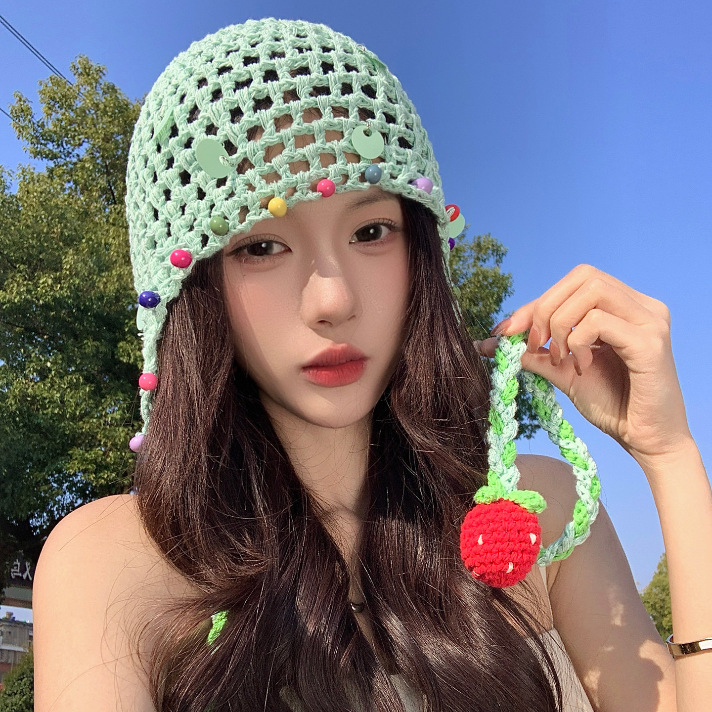 民族风钩花毛线帽手工编织包头帽子女春夏薄款镂空复古文艺针织帽