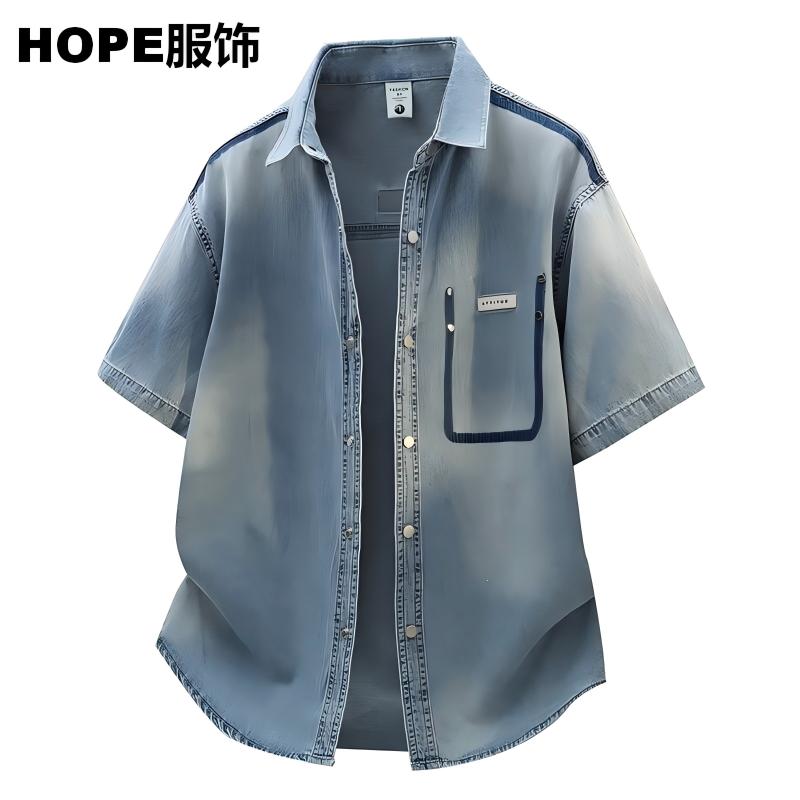 修身短袖开衫(轻奢)版年夏季新品潮牌牛仔重工衬衫百搭外套牛仔