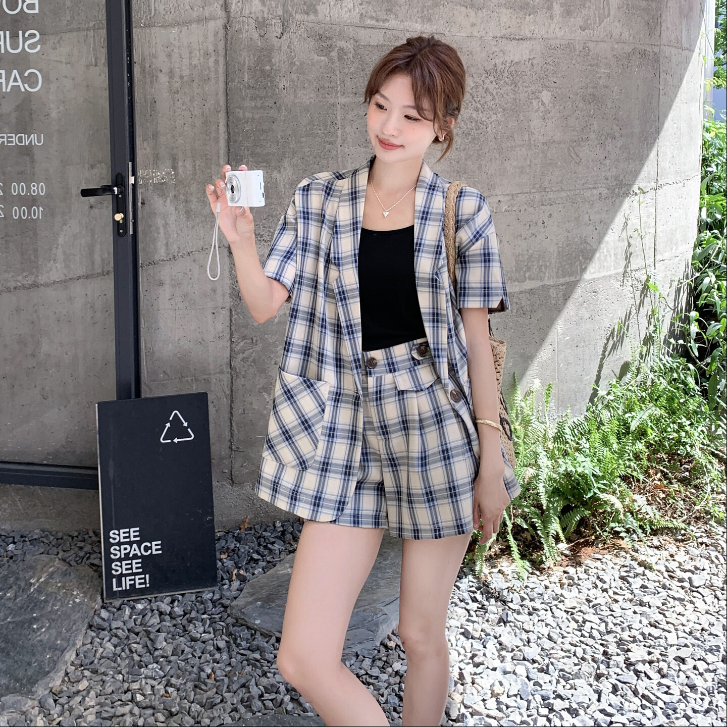 2026新款格子衬衫女气质两件套上班法式夏季短款外套休闲韩版