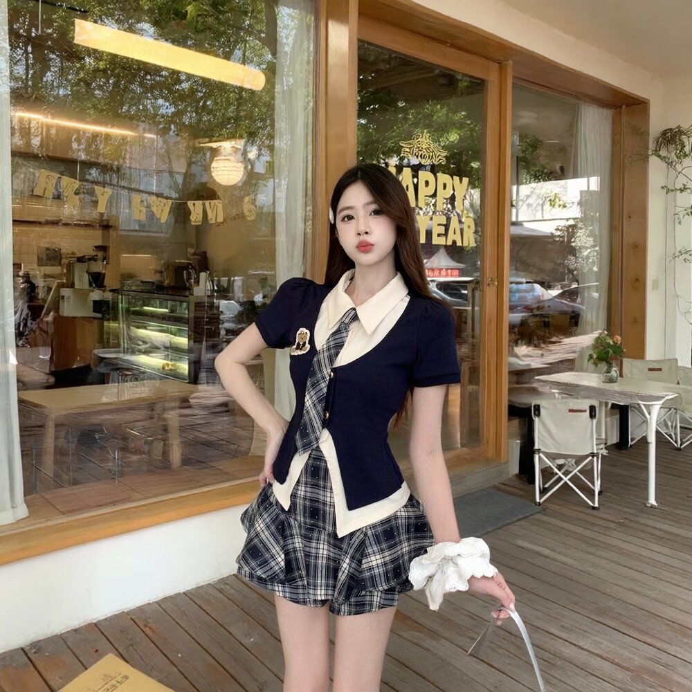 美式复古性感jk制服辣妹小熊气质修身显瘦现货时尚短裙裙套装