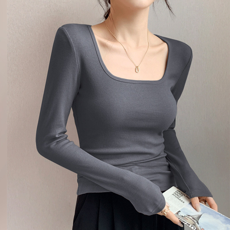 2026春装新款方领露锁骨长袖T恤女修身显瘦莫代尔内搭洋气打底衫