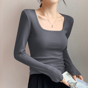 显瘦莫代尔内搭洋气打底衫 2026春装 T恤女修身 方领露锁骨长袖 新款