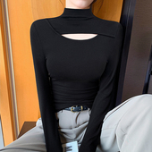 黑色半高领打底衫 女春秋冬内搭镂空设计感长袖 螺纹针织高级感上衣