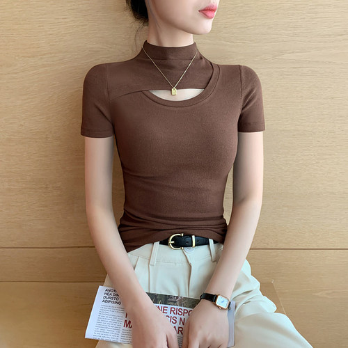 镂空半高领短袖T恤女春夏季紧身显瘦设计感中领气质绝美单穿上衣