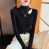 黑色半高领打底衫 t恤高级感螺纹针织上衣 女秋冬内搭镂空破洞长袖