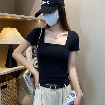 黑色方领短款t恤女短袖修身夏季2026新款高腰小个子独特漂亮上衣
