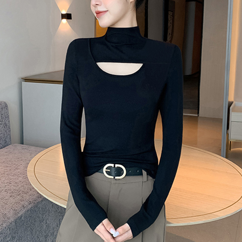 镂空黑色半高领打底衫女秋冬内搭长袖修身可外穿轻奢上衣2025新款