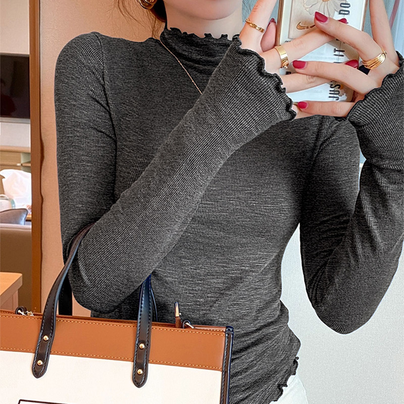 半高领打底衫女内搭秋冬2025新款爆款高端洋气灰色木耳边磨毛上衣