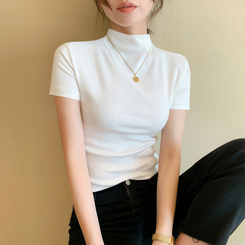 白色半高领短袖T恤女春秋修身显瘦气质打底半袖中领上衣2026新款