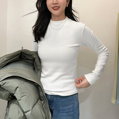 9585白色小立领长袖 T恤女秋冬薄绒内搭叠穿打底衫 高级感中领上衣