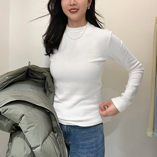 9585白色小立领长袖 高级感中领上衣 T恤女秋冬薄绒内搭叠穿打底衫