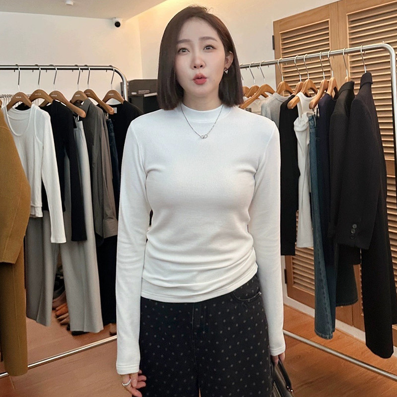 白色气质小立领长袖T恤女春秋正肩显瘦内搭打底衫百搭半高领上衣