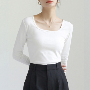 莫代尔方领打底衫女士春秋内搭长袖T恤U领修身高级感上衣2026新款