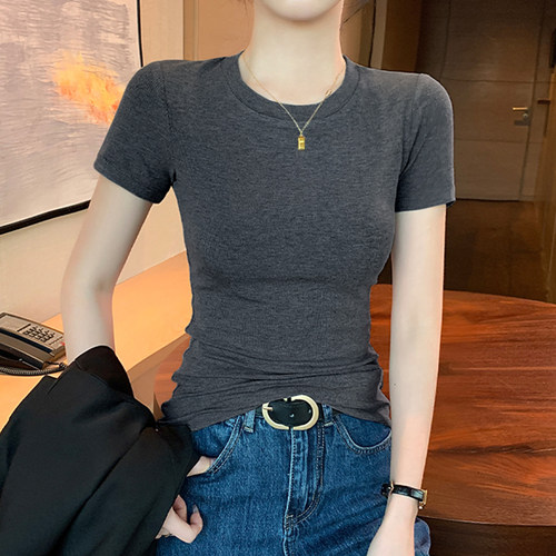 莫代尔短袖正肩t恤女2026夏季新款修身遮肉显瘦体恤圆领纯色上衣