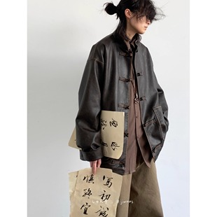 2024男装春新中式复古国风百搭皮衣男女生宽松纯色盘扣中山装外套