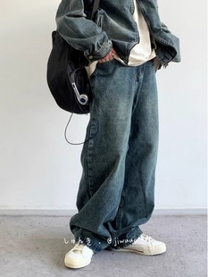 2024新款春日系复古百搭水洗牛仔裤男女宽松基础款牛仔工装长裤子