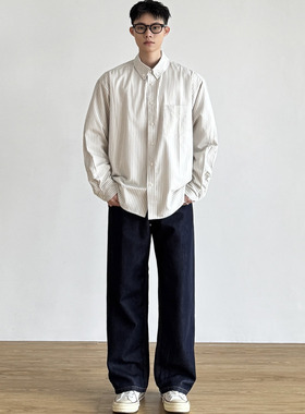 SIIIEND日系复古条纹衬衫男宽松休闲百搭长袖衬衣外套上衣