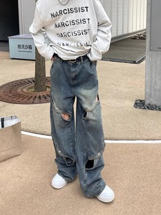 PAI 小众解构金属纽扣美式镂空破洞牛仔裤宽松直筒阔腿长裤男潮