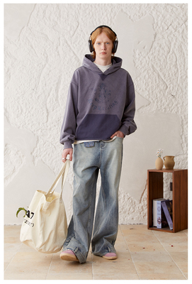 水洗宽松直筒阔腿倒装牛仔裤