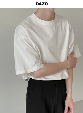 DAZO 短袖T恤男夏季重磅精梳棉五分袖上衣宽松百搭圆领纯白色t潮