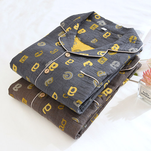 男士纯棉棉纱提花睡衣家居服套装