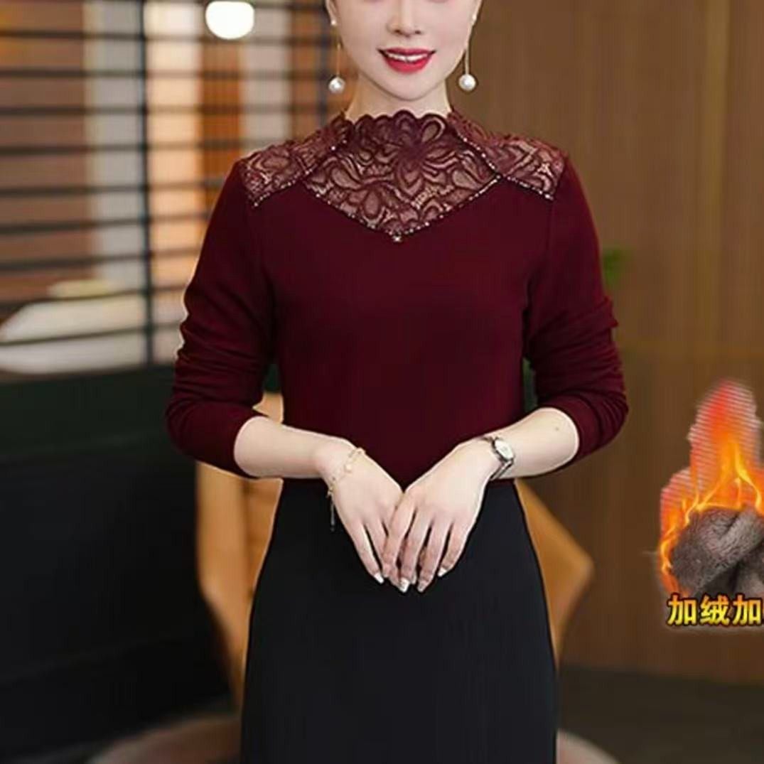 半高领蕾丝拼接加绒打底小衫