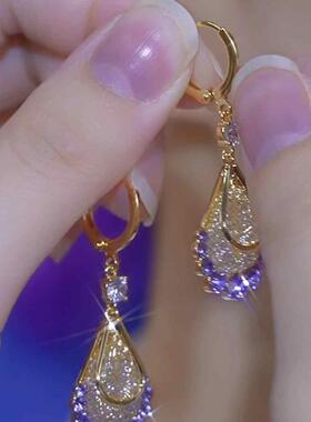 紫色镶钻网状水滴耳扣耳环女设计感重工大气款耳坠防过敏时尚耳饰