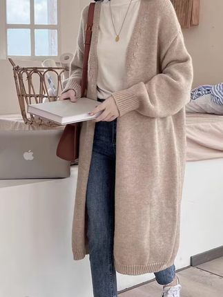 春秋女羊毛针织衫开衫宽松大码韩版V领长款慵懒风中长款毛衣外套