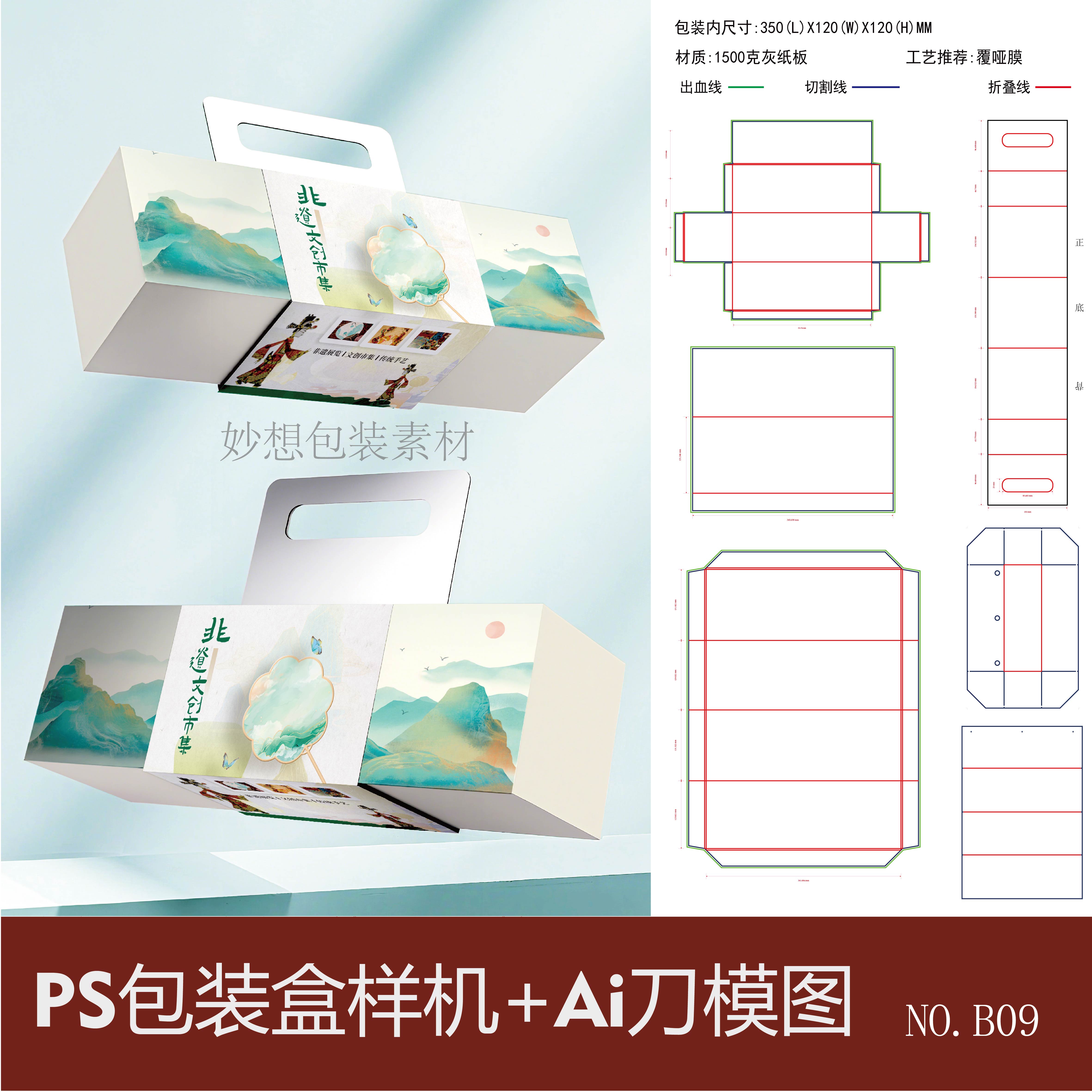 手提盒样机创意翻盖包装盒礼盒展开刀版图视觉传达设计贴图素材PS