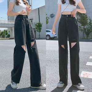 C010/P4521年夏季网红潮破洞牛仔阔腿裤女高腰ins直筒设计感图片