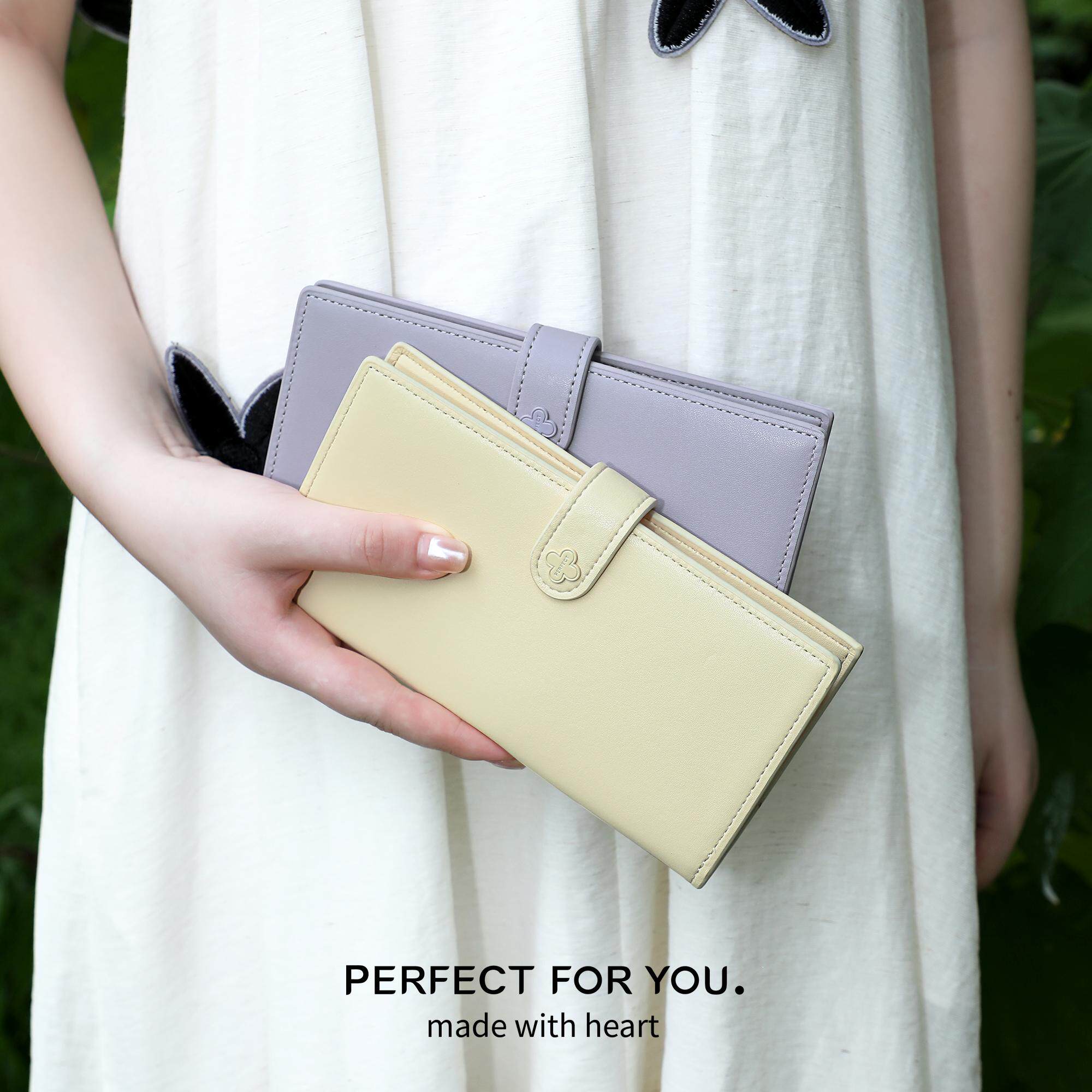 捡漏长款女士纯色手拿包高级质感多功能皮夹卡包一体幸运草零钱包