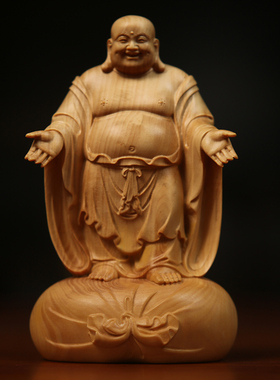 桧木摊手元宝大肚笑佛弥勒佛像喜庆家居客厅佛像寺庙工艺品摆件