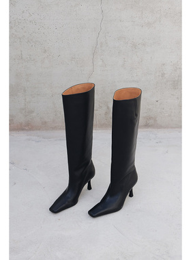 IORE理想矿石原创 简约气质显瘦小牛皮长筒靴女细高跟及膝长靴子