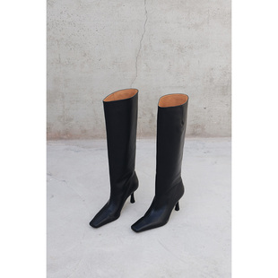 IORE理想矿石原创 简约气质显瘦小牛皮长筒靴女细高跟及膝长靴子