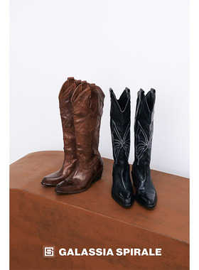 GLAS设计师原创 工匠系列水洗马皮燕尾蝶高跟长靴及膝靴西部靴