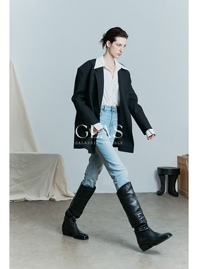 GLAS设计师原创 不刻意的随性 显瘦靴筒堆皱植鞣羊皮低跟过膝长靴