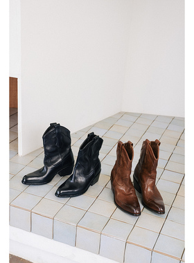 GLAS设计师原创秋冬新款工匠系列水洗马皮增高显瘦粗跟西部短靴子