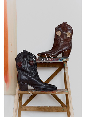 GLAS设计师原创 旷野玫瑰 热摔马皮V型口粗跟中跟尖头西部短靴