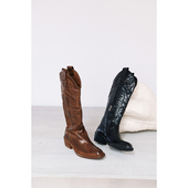 GLAS设计师原创升阶版 质感水洗马皮粗跟雕花西部靴及膝靴