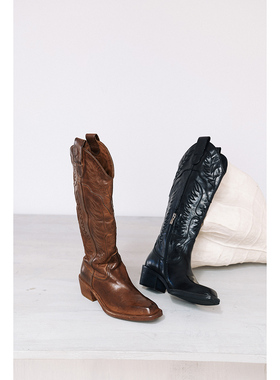 GLAS设计师原创升阶版质感水洗马皮粗跟雕花西部靴及膝靴