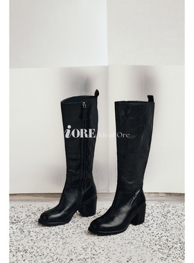 IORE理想矿石设计师原创 极简水洗马皮侧拉链粗跟高跟及膝靴长靴