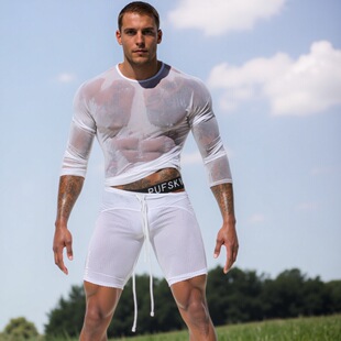 性感薄纱长袖T恤男包邮速干透明运动健身网纱裸视上衣可外穿拉风