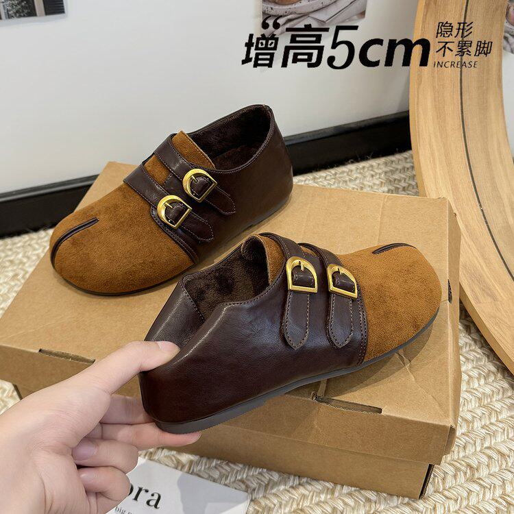 美拉德分趾勃肯鞋女秋冬平底双扣加绒保暖复古豹纹猪蹄博肯单鞋女