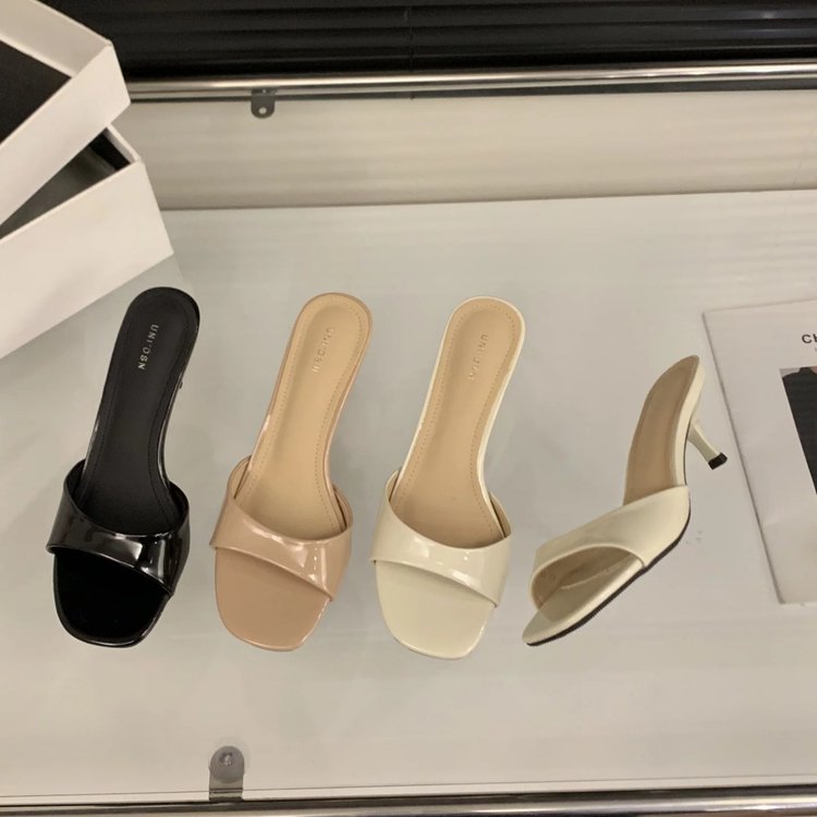 极简亮皮一字拖女方头细高跟纯色百搭通勤外穿性感露趾时装凉拖鞋