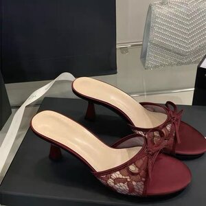 蕾丝蝴蝶结细跟一字拖女夏季百搭透气小猫跟约会纯欲风外穿凉拖女